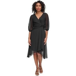 DKNY Women's 3/4 Blouson SleeveTwisted Waist Chiffon Dress in Black Size 2 $129
